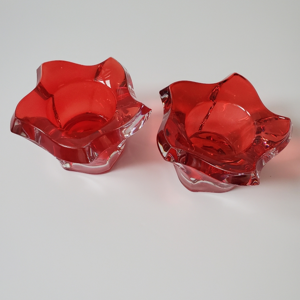 MIKASA PACIFIC WAVE Red Crystal Art Glass Candle Holders Set of 2 Art Deco Vibes